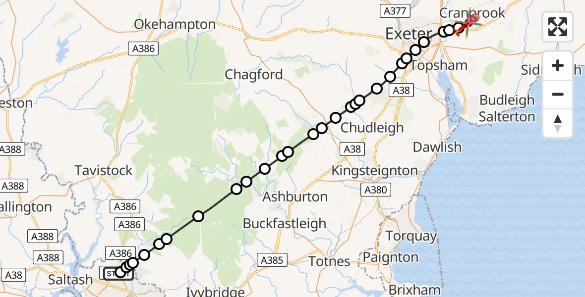 Flight route Air Ambulance Helicopter Derriford Hospital - Exeter International Airport, 25 June 2026, 18:23