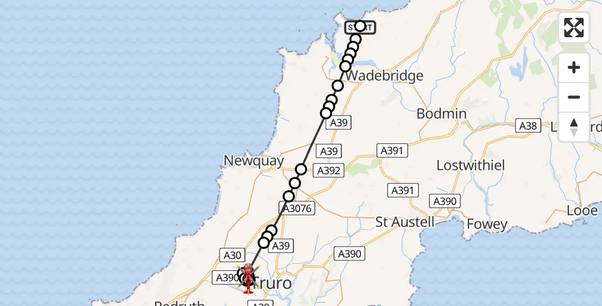 Flight route Air Ambulance Helicopter St Minver - Treliske Hospital, 25 June 2026, 18:25