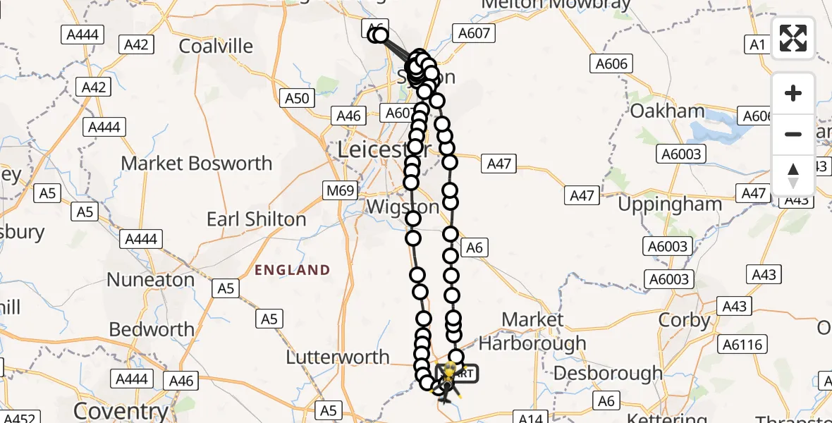 Flight route Police Helicopter Husbands Bosworth Airfield - Welford, 25 June 2026, 18:27