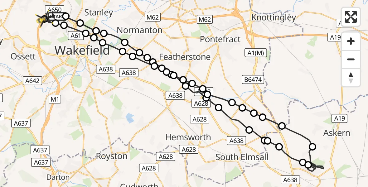 Flight route Police Helicopter Wrenthorpe - East Ardsley, 25 June 2026, 18:32