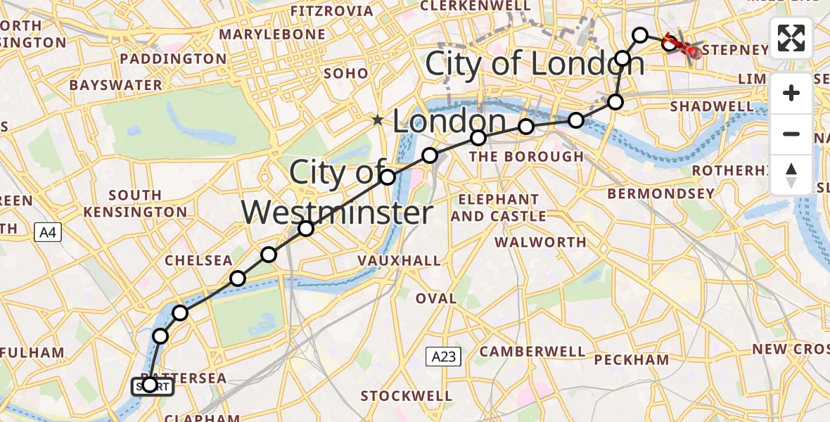 Flight route Air Ambulance Helicopter London Heliport - Royal London Hospital, 25 June 2026, 18:40