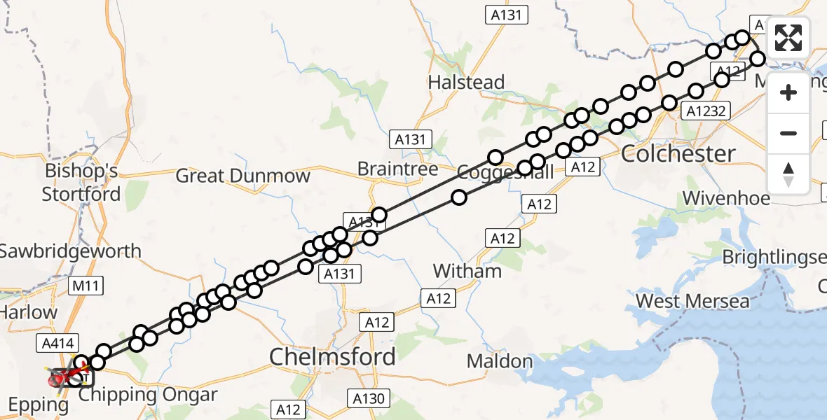 Flight route Air Ambulance Helicopter North Weald Airfield - North Weald Airfield, 25 June 2026, 18:43