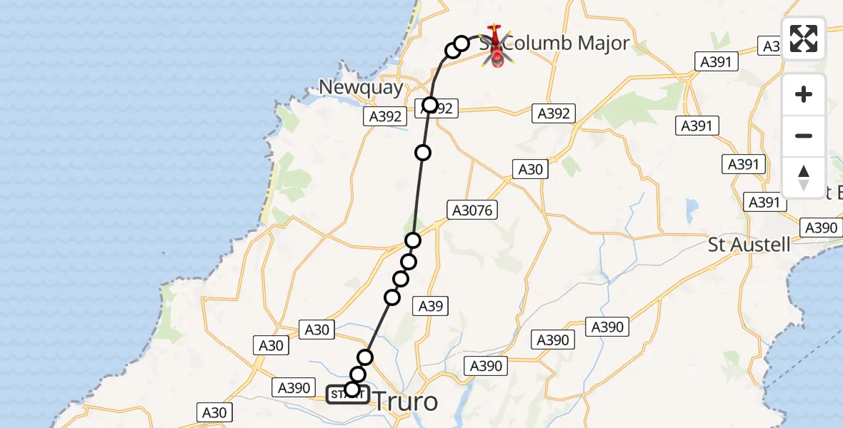 Flight route Air Ambulance Helicopter Treliske Hospital - Cornwall Airport Newquay, 25 June 2026, 18:44