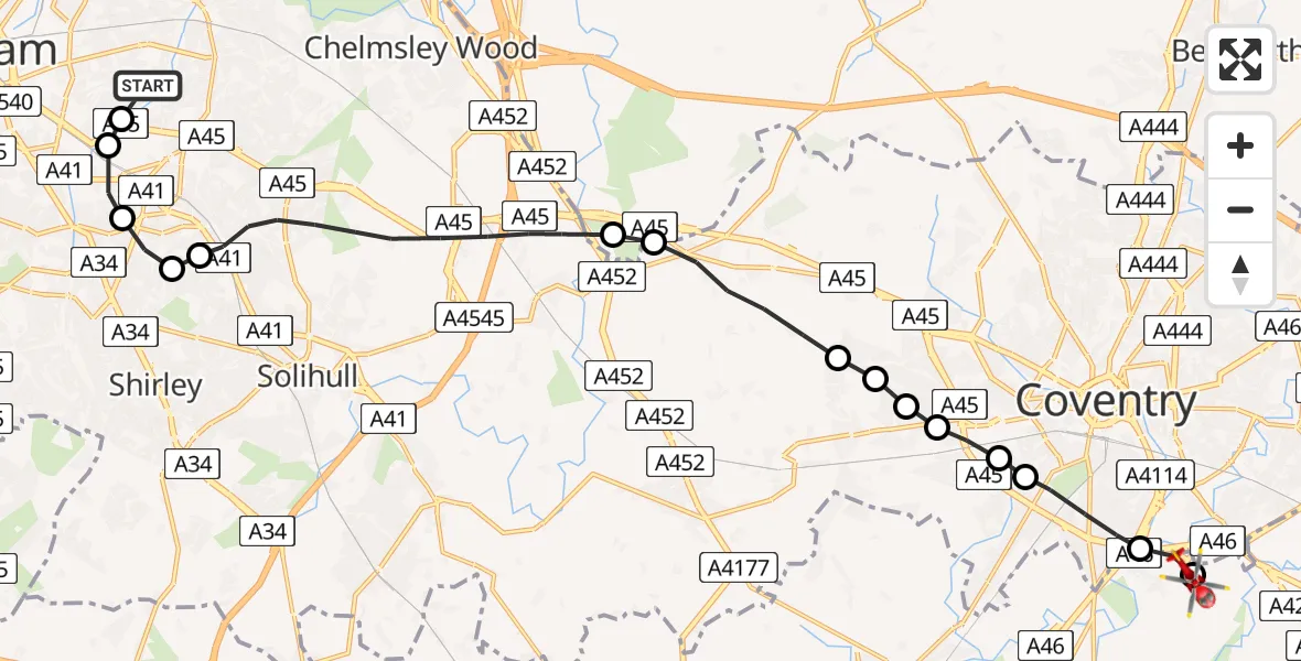 Flight route Air Ambulance Helicopter Hay Mills - Coventry Airport, 25 June 2026, 18:45