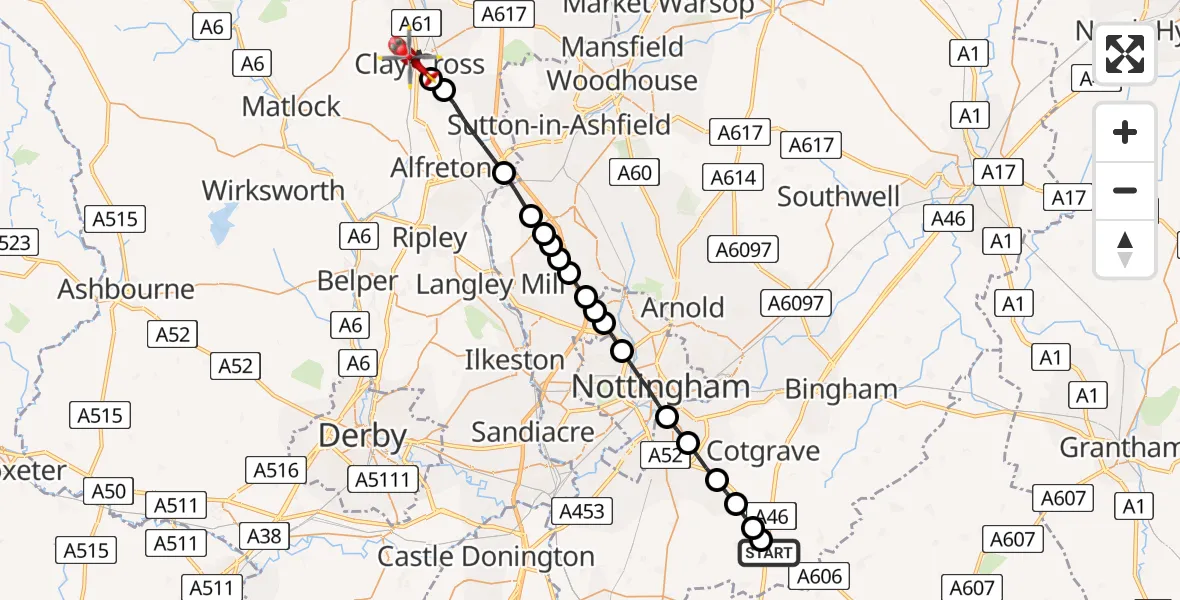 Flight route Air Ambulance Helicopter Rushcliffe - Clay Cross CP, 25 June 2026, 18:58