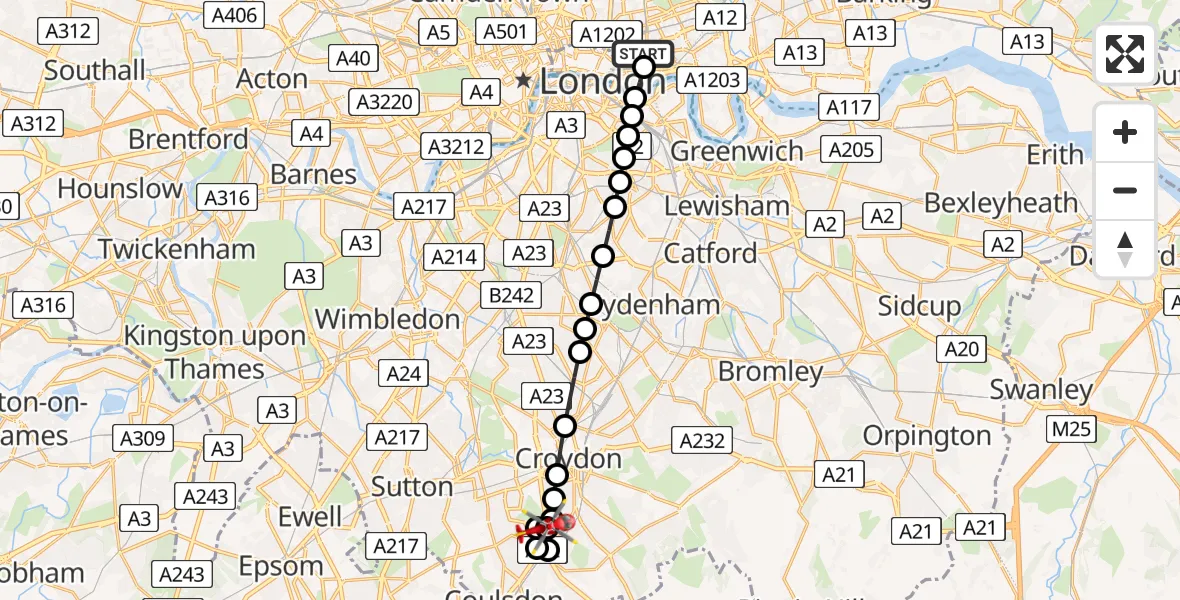 Flight route Air Ambulance Helicopter Royal London Hospital - Purley, 25 June 2026, 18:59