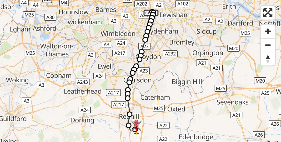 Flight route Air Ambulance Helicopter Kings College London Hospital - Redhill Aerodrome, 25 June 2026, 18:59
