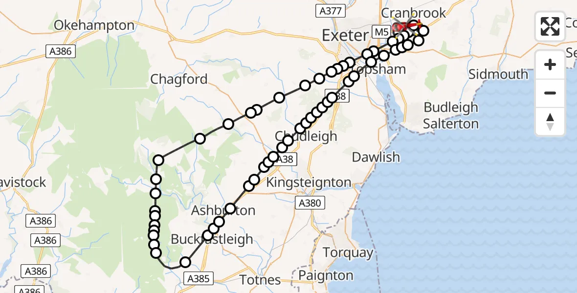 Flight route Air Ambulance Helicopter Exeter International Airport - Exeter International Airport, 25 June 2026, 19:03