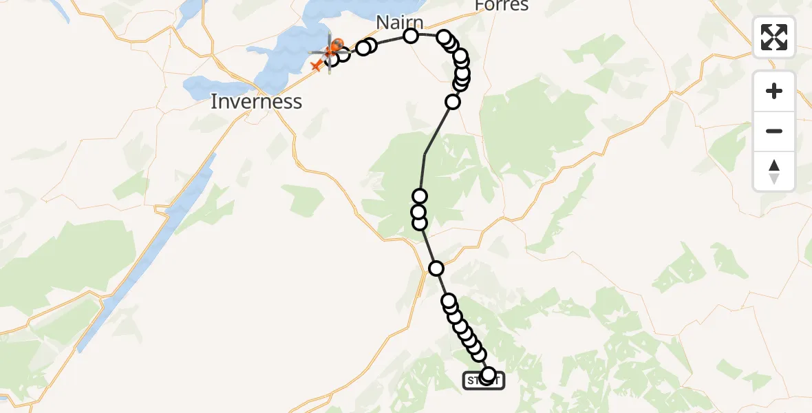 Flight route Coastguard Helicopter Coire Domhain - Inverness Airport, 25 June 2026, 19:07