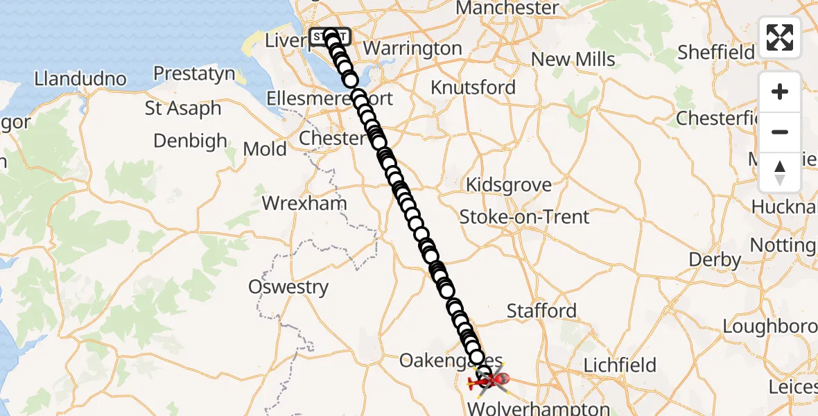 Flight route Air Ambulance Helicopter Knotty Ash - Cosford, 25 June 2026, 19:15