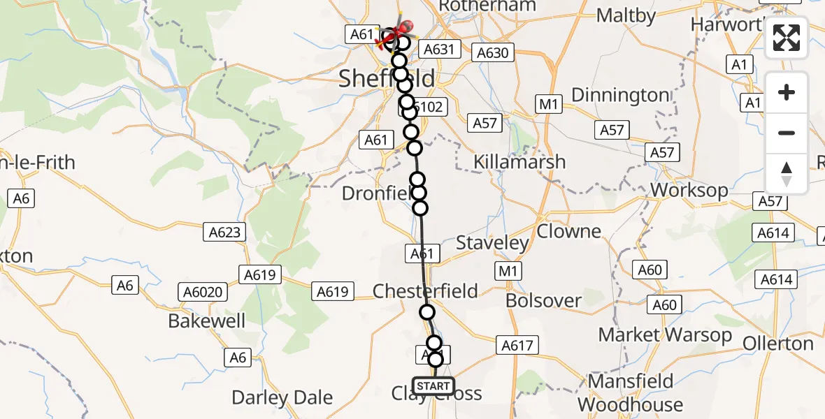 Flight route Air Ambulance Helicopter Clay Cross CP - Pitsmoor, 25 June 2026, 19:46
