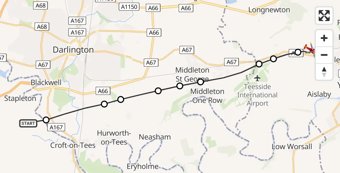 Flight route Air Ambulance Helicopter Stapleton - Egglescliffe, 25 June 2026, 19:47