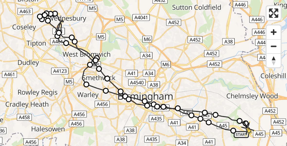 Flight route Police Helicopter Solihull - Birmingham Airport, 25 June 2026, 19:49