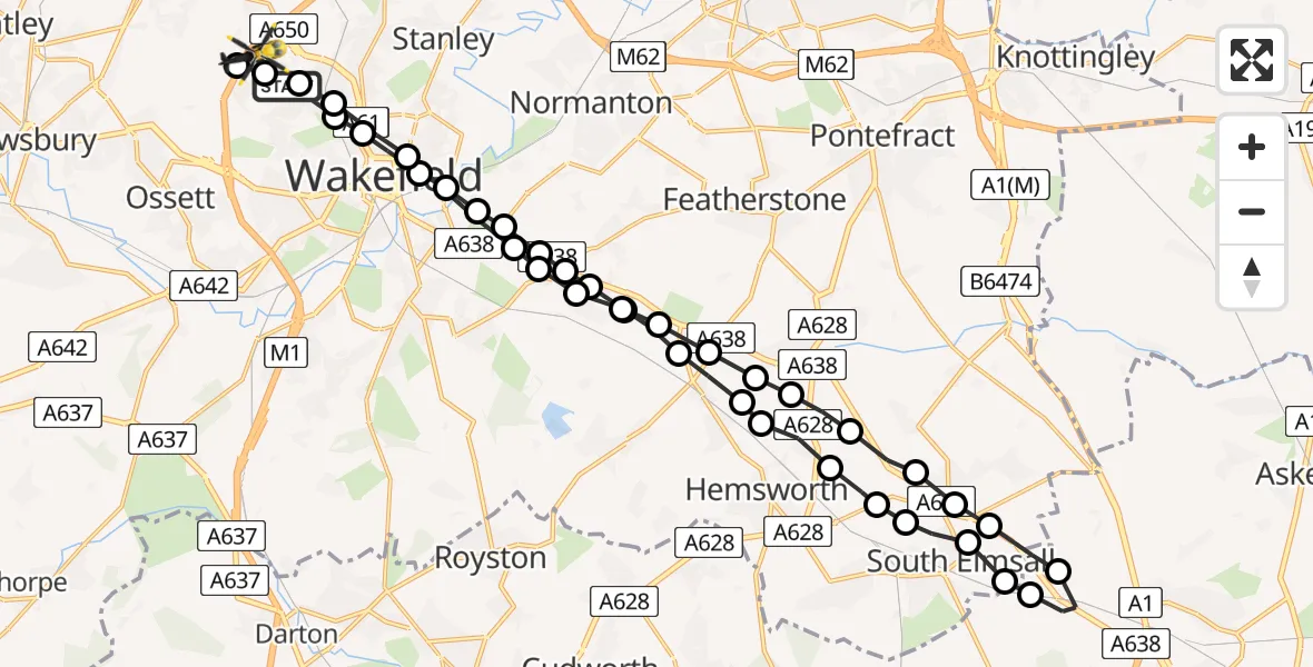 Flight route Police Helicopter Wrenthorpe - East Ardsley, 25 June 2026, 19:53