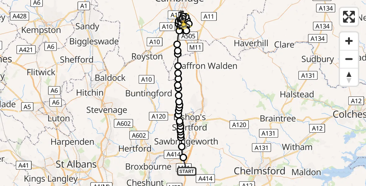 Flight route Police Helicopter North Weald Bassett - Great Shelford, 25 June 2026, 19:54