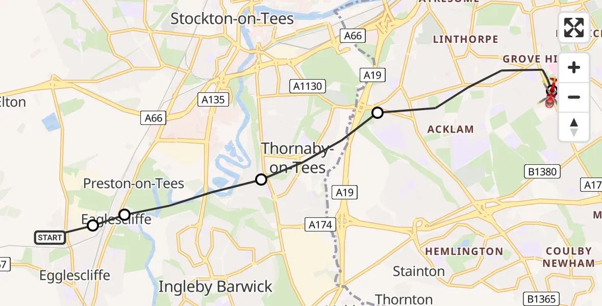 Flight route Air Ambulance Helicopter Eaglescliffe - James Cook University Hospital, 25 June 2026, 19:59