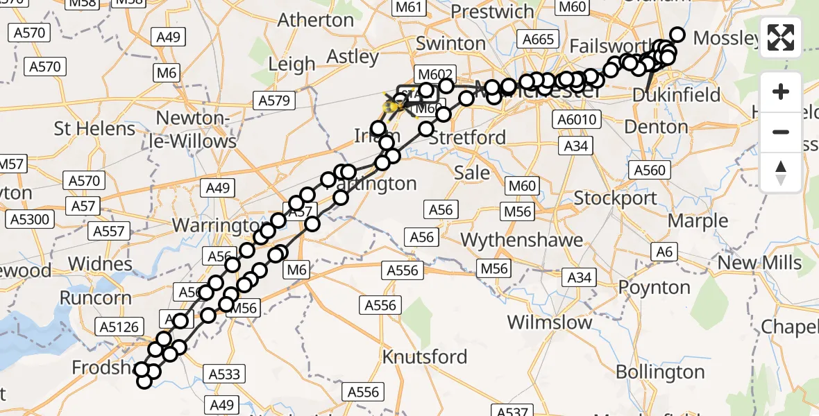 Flight route Police Helicopter Worsley - Manchester Barton Aerodrome, 25 June 2026, 20:06