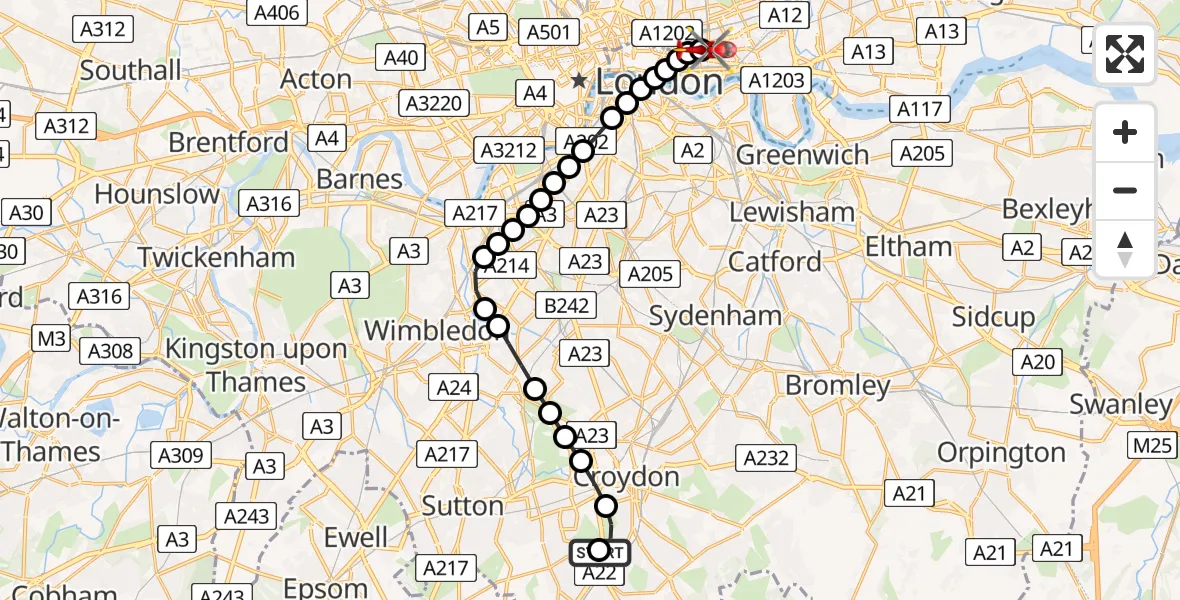Flight route Air Ambulance Helicopter Purley - Royal London Hospital, 25 June 2026, 20:06