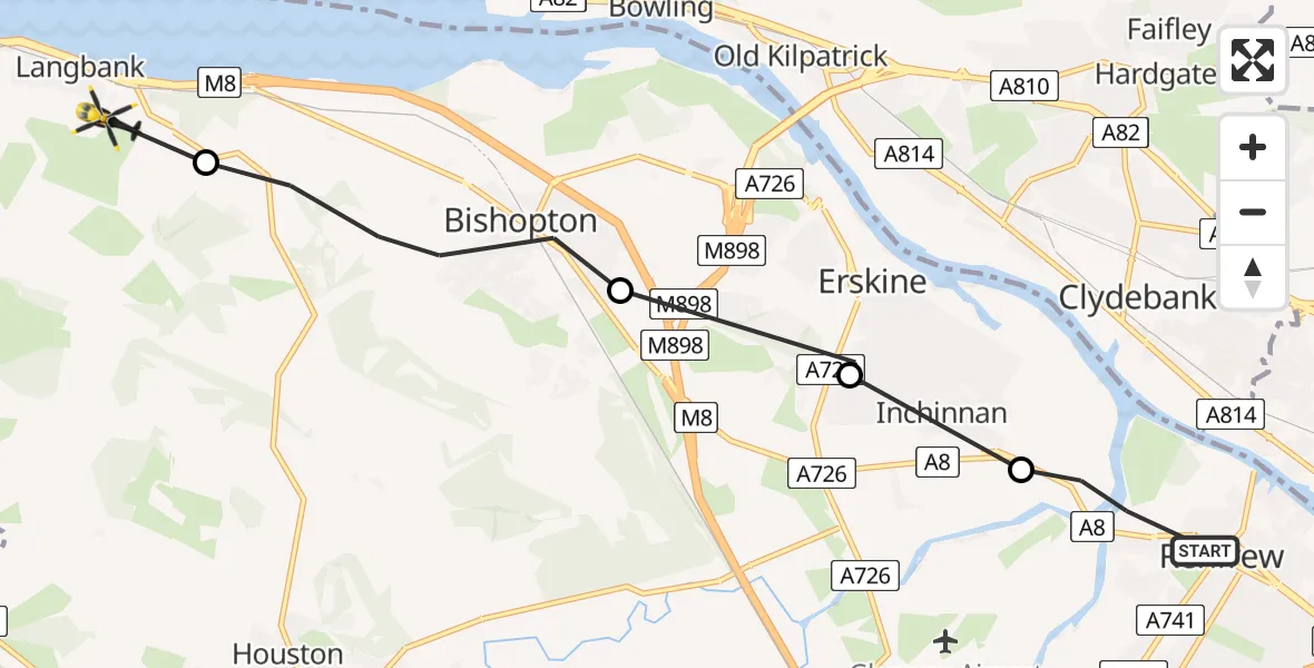 Flight route Police Helicopter Renfrew - Langbank, 25 June 2026, 20:08