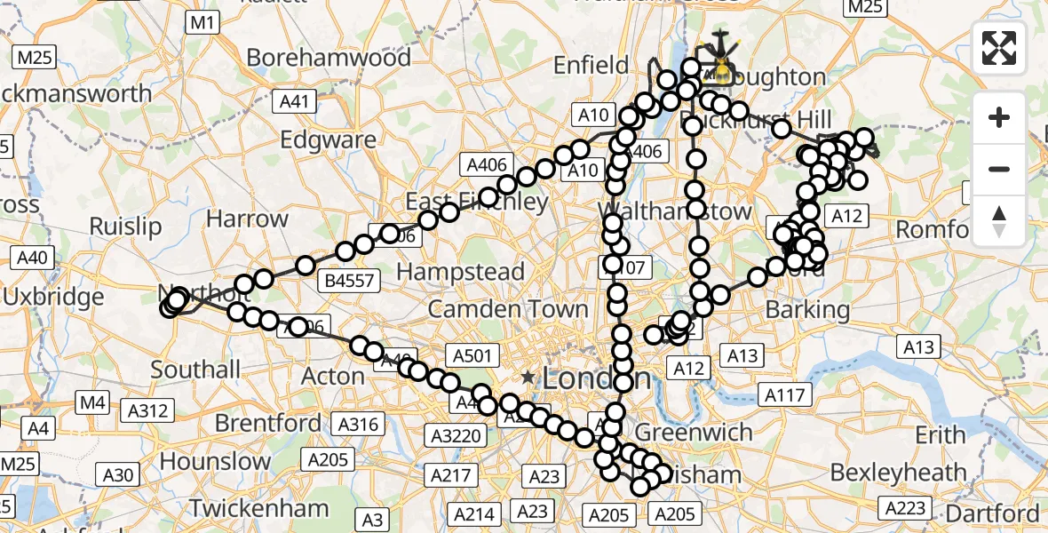 Flight route Police Helicopter Chingford - Sewardstonebury, 25 June 2026, 20:15