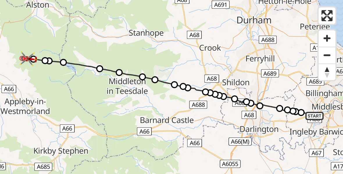 Flight route Air Ambulance Helicopter Stockton-on-Tees - Milburn, 25 June 2026, 20:23