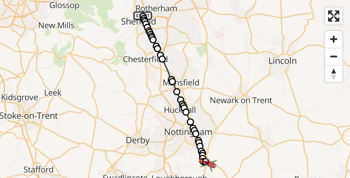 Flight route Air Ambulance Helicopter Page Hall - Hickling, 25 June 2026, 20:24