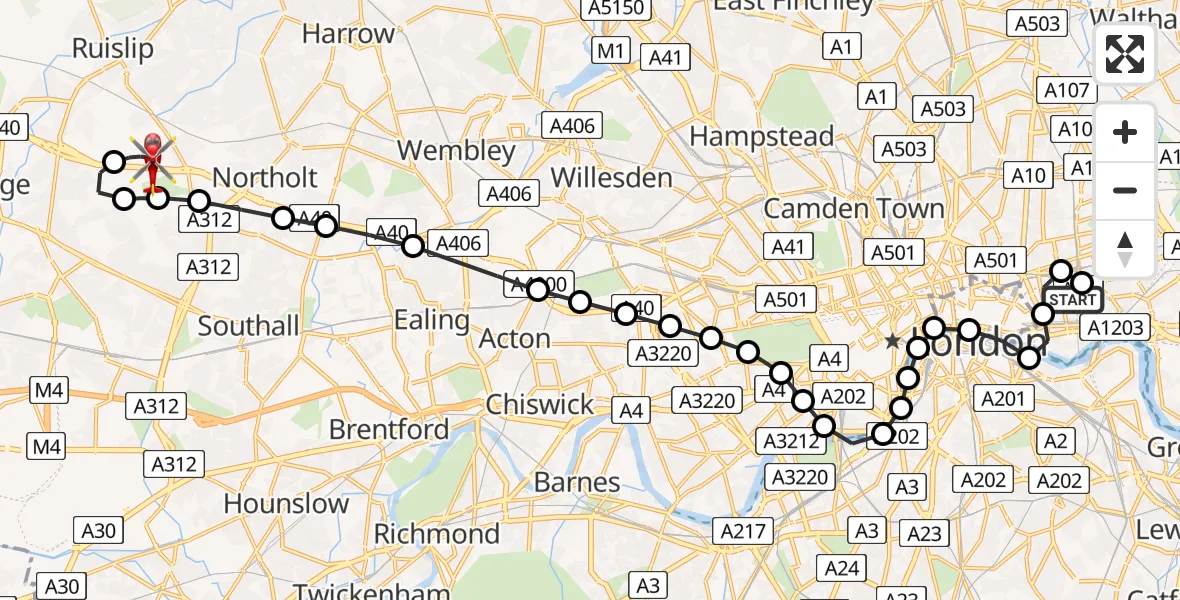 Flight route Air Ambulance Helicopter Royal London Hospital - RAF Northolt, 25 June 2026, 20:27