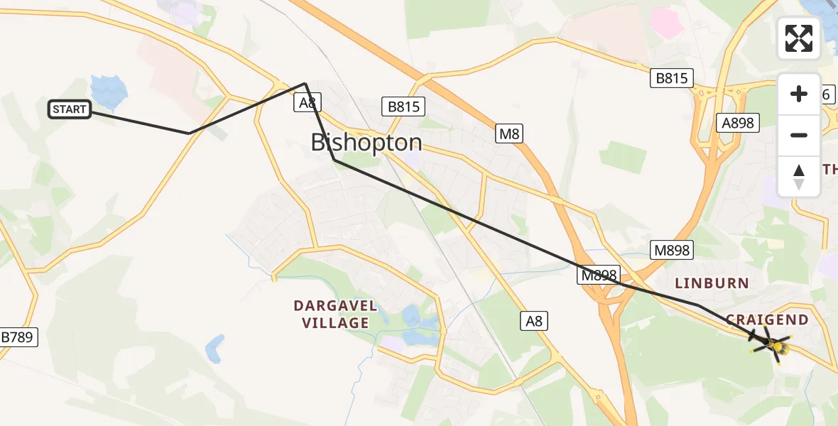 Flight route Police Helicopter Bishopton - Erskine, 25 June 2026, 20:29
