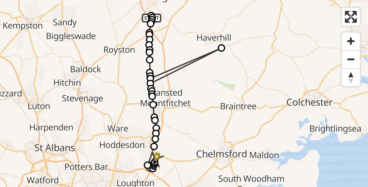 Flight route Police Helicopter Great Shelford - North Weald Bassett, 25 June 2026, 20:56