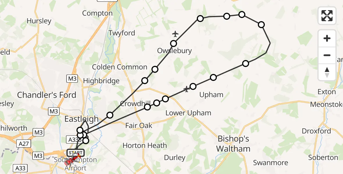 Flight route Air Ambulance Helicopter Southampton Airport - Southampton Airport, 25 June 2026, 21:03