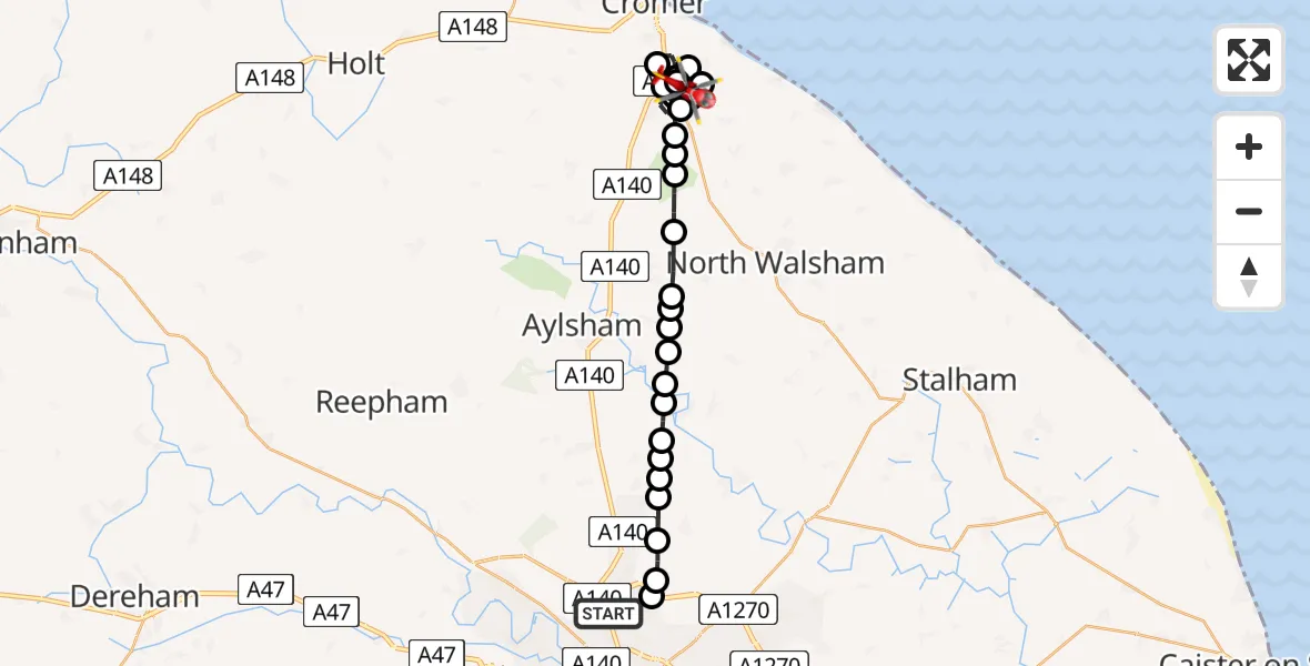 Flight route Air Ambulance Helicopter Norwich Airport - Northrepps Aerodrome, 25 June 2026, 21:05