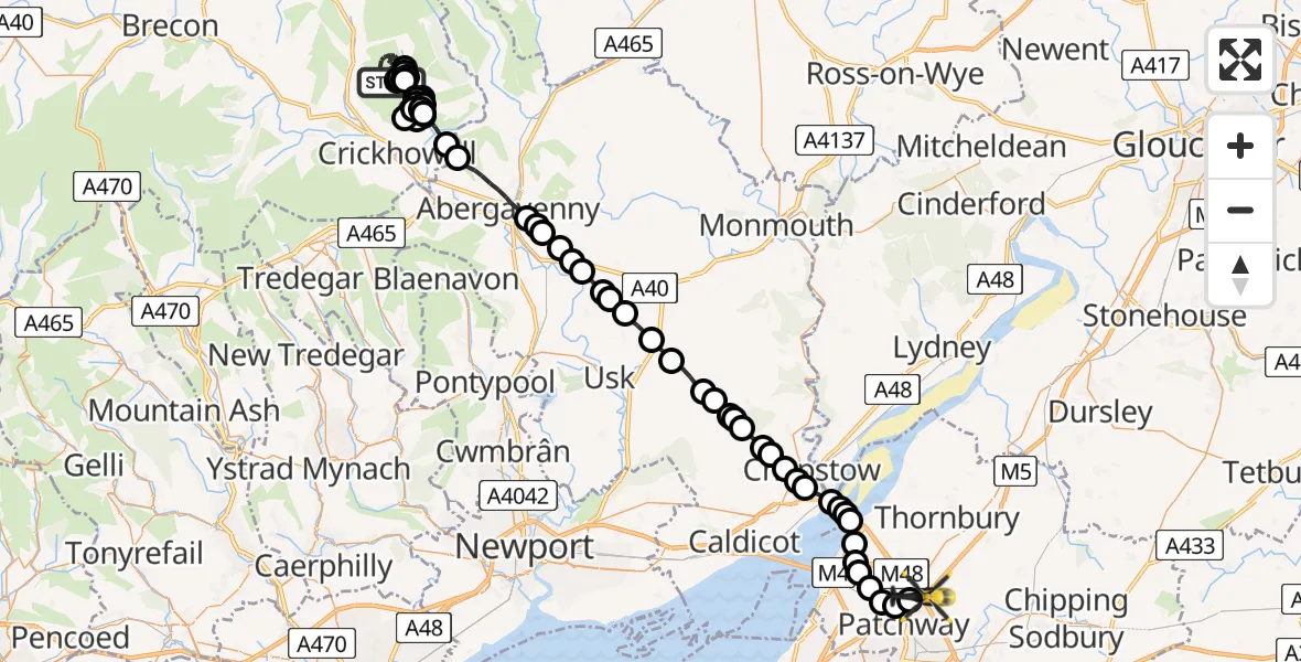 Flight route Police Helicopter Llanfihangel Cwmdu with Bwlch and Cathedine - Almondsbury Helicopter Base, 25 June 2026, 21:12