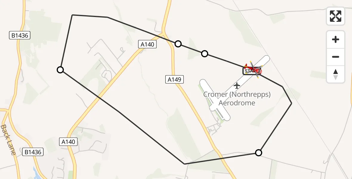 Flight route Air Ambulance Helicopter Northrepps Aerodrome - Northrepps Aerodrome, 25 June 2026, 21:25
