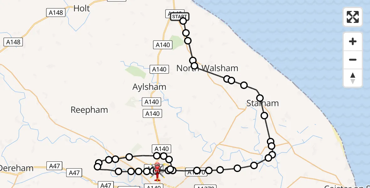 Flight route Air Ambulance Helicopter Northrepps Aerodrome - Norwich Airport, 25 June 2026, 21:29