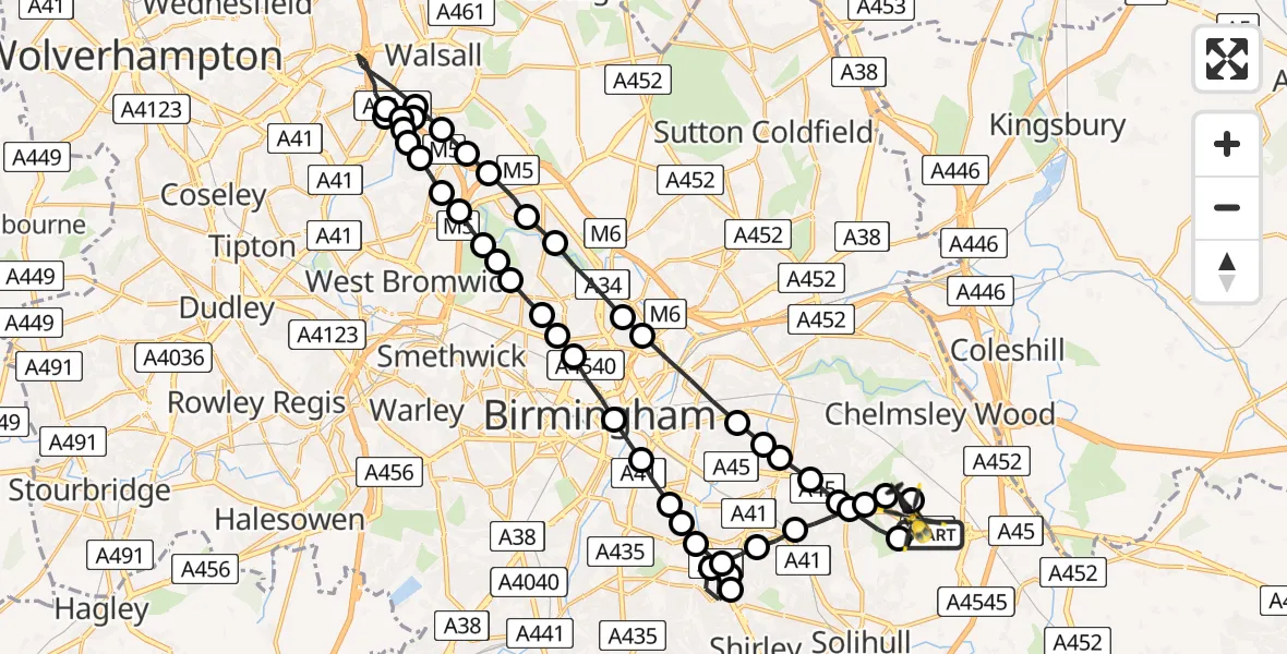 Flight route Police Helicopter Birmingham Airport - Birmingham Airport, 25 June 2026, 21:55