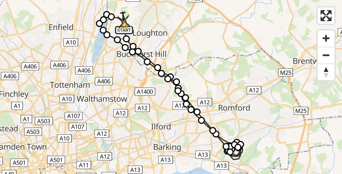 Flight route Police Helicopter Metropolitan Police Air Support Unit Lippitts Hill - Sewardstonebury, 25 June 2026, 22:17