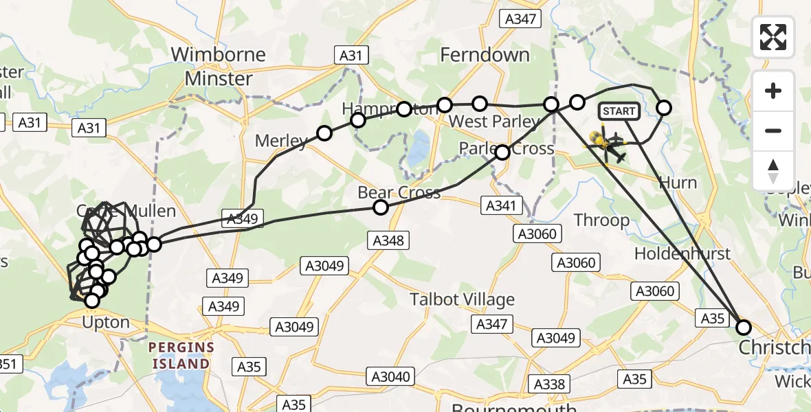 Flight route Police Helicopter Bournemouth Airport - Bournemouth Airport, 25 June 2026, 22:27
