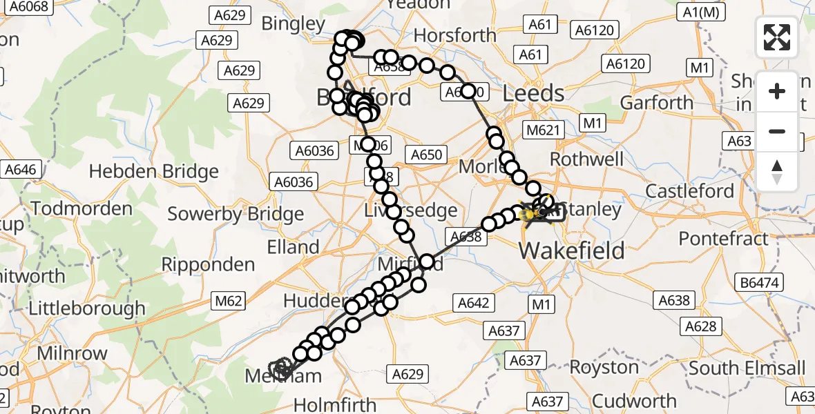 Flight route Police Helicopter Carr Gate - East Ardsley, 25 June 2026, 22:35