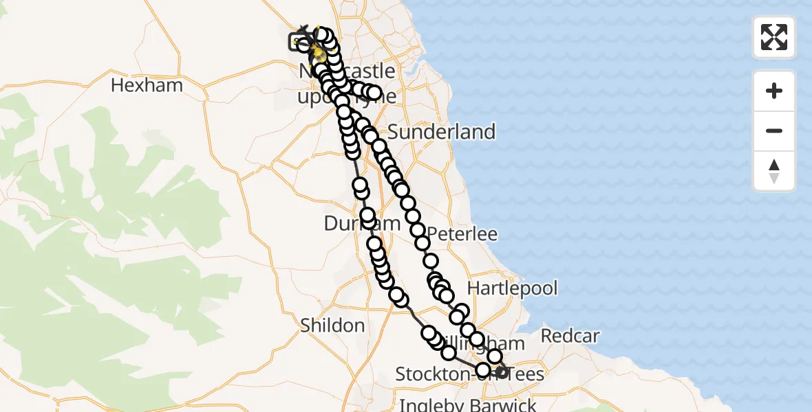 Flight route Police Helicopter Newcastle International Airport - Callerton, 25 June 2026, 22:35