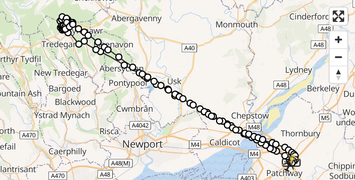Flight route Police Helicopter Hortham - Almondsbury Helicopter Base, 25 June 2026, 22:36