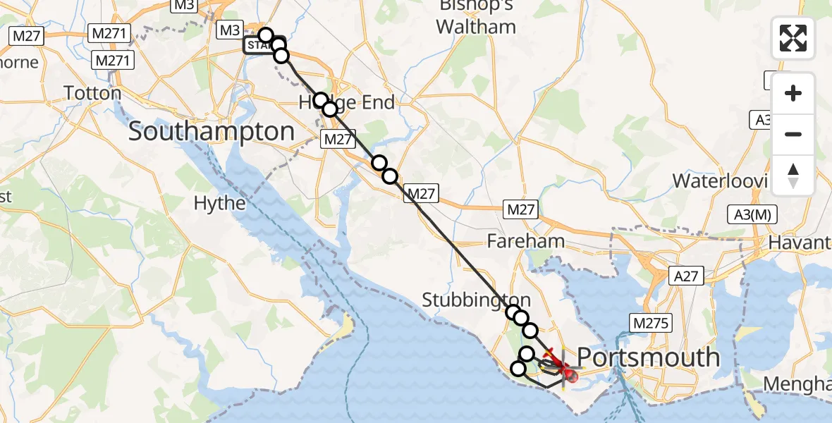 Flight route Air Ambulance Helicopter Southampton Airport - Gosport, 25 June 2026, 22:38