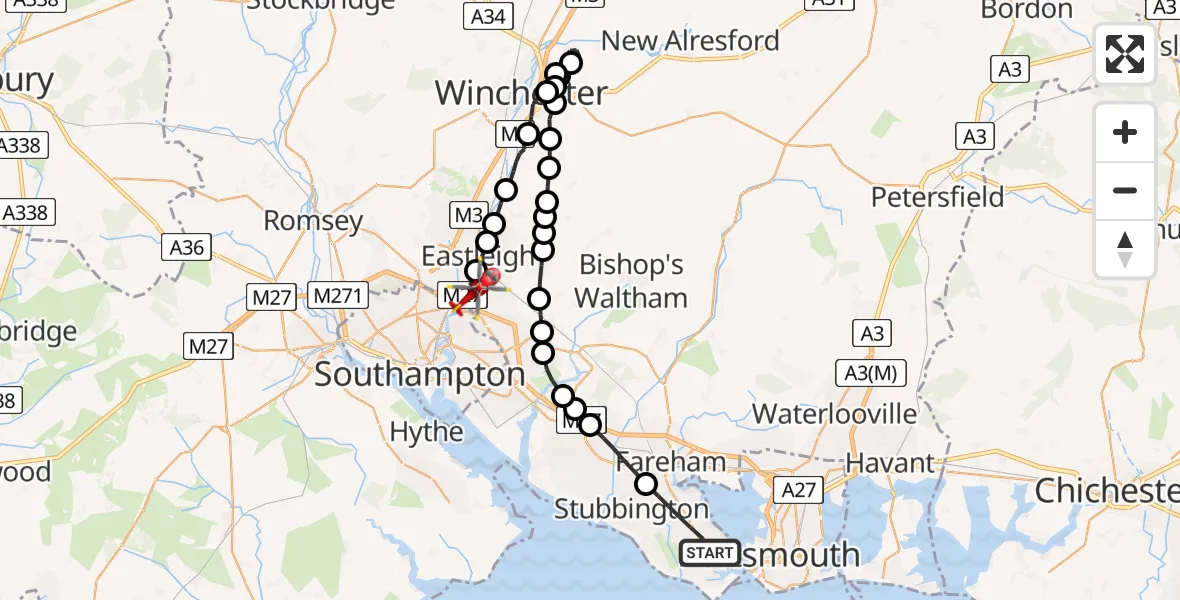Flight route Air Ambulance Helicopter Gosport - Southampton Airport, 25 June 2026, 23:31