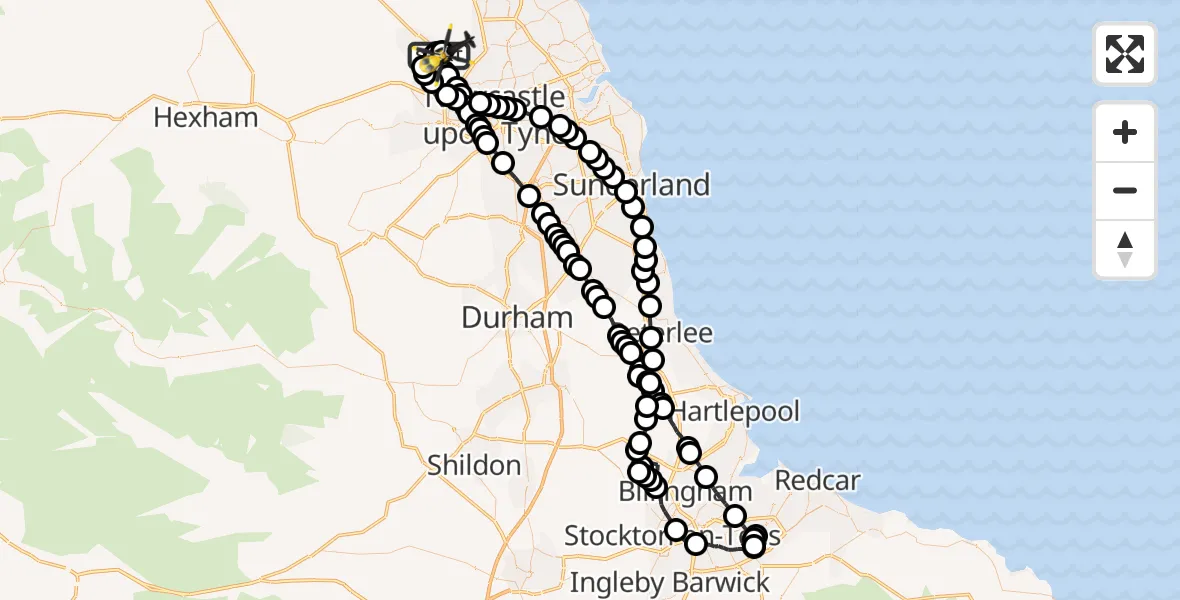 Flight route Police Helicopter Newcastle International Airport - Newcastle International Airport, 25 June 2026, 23:48