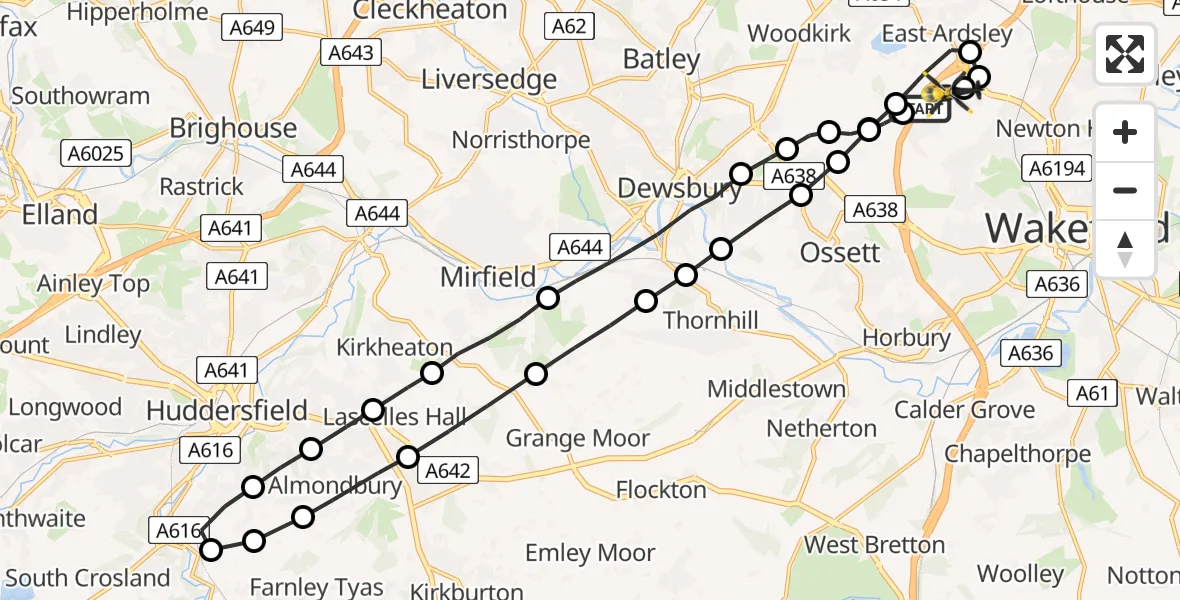 Flight route Police Helicopter East Ardsley - East Ardsley, 26 June 2026, 00:54