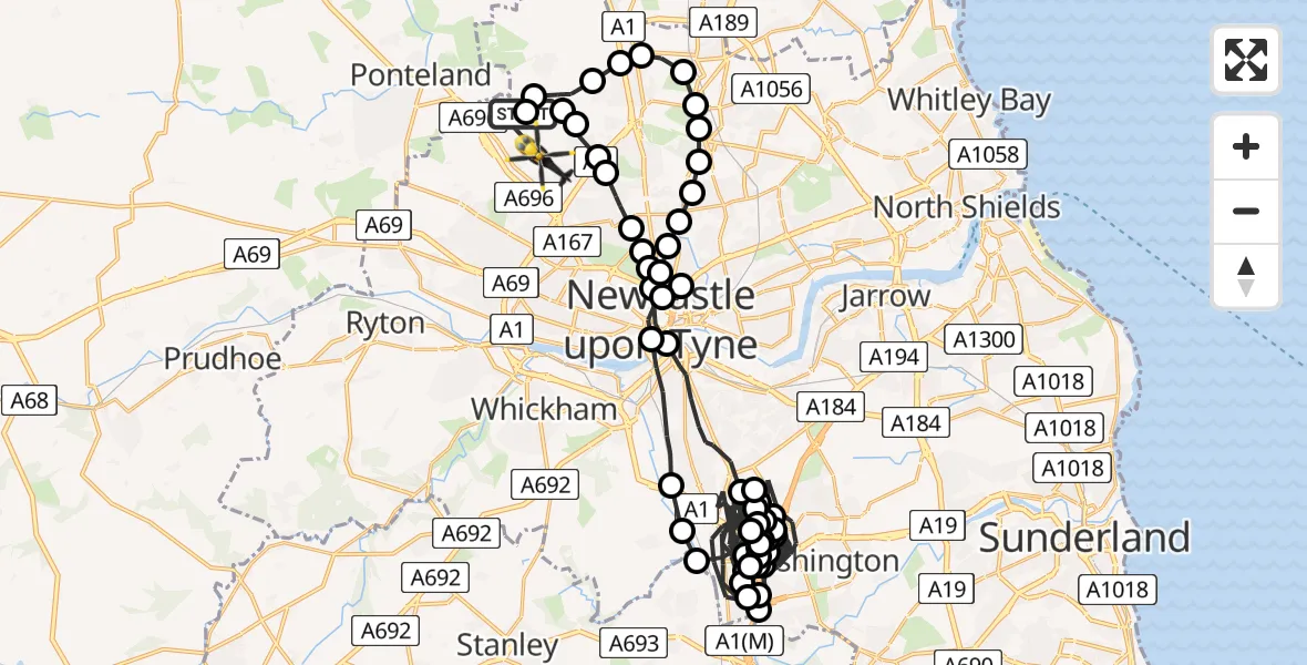 Flight route Police Helicopter Newcastle International Airport - Newcastle upon Tyne, 26 June 2026, 00:58