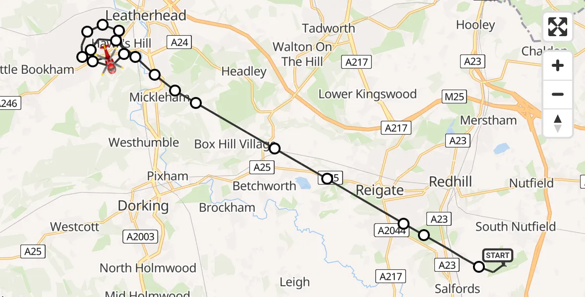 Flight route Air Ambulance Helicopter Redhill Aerodrome - Hawk's Hill, 26 June 2026, 02:01