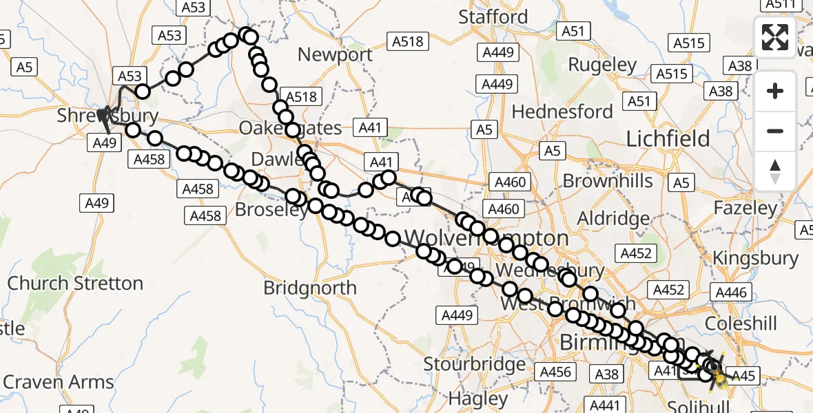 Flight route Police Helicopter Sheldon - Birmingham Airport, 26 June 2026, 03:38