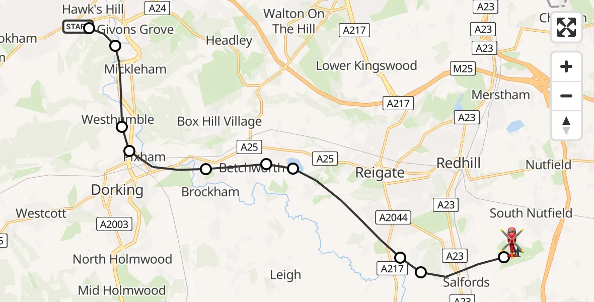 Flight route Air Ambulance Helicopter Hawk's Hill - Redhill Aerodrome, 26 June 2026, 03:48