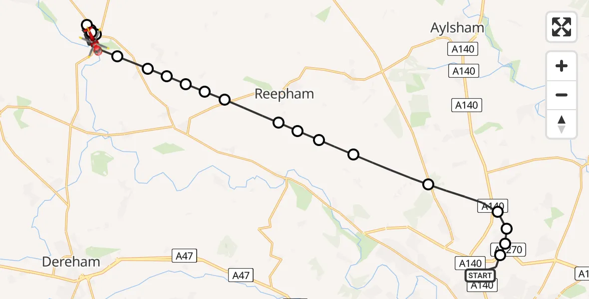 Flight route Air Ambulance Helicopter Norwich Airport - Breckland, 26 June 2026, 04:08