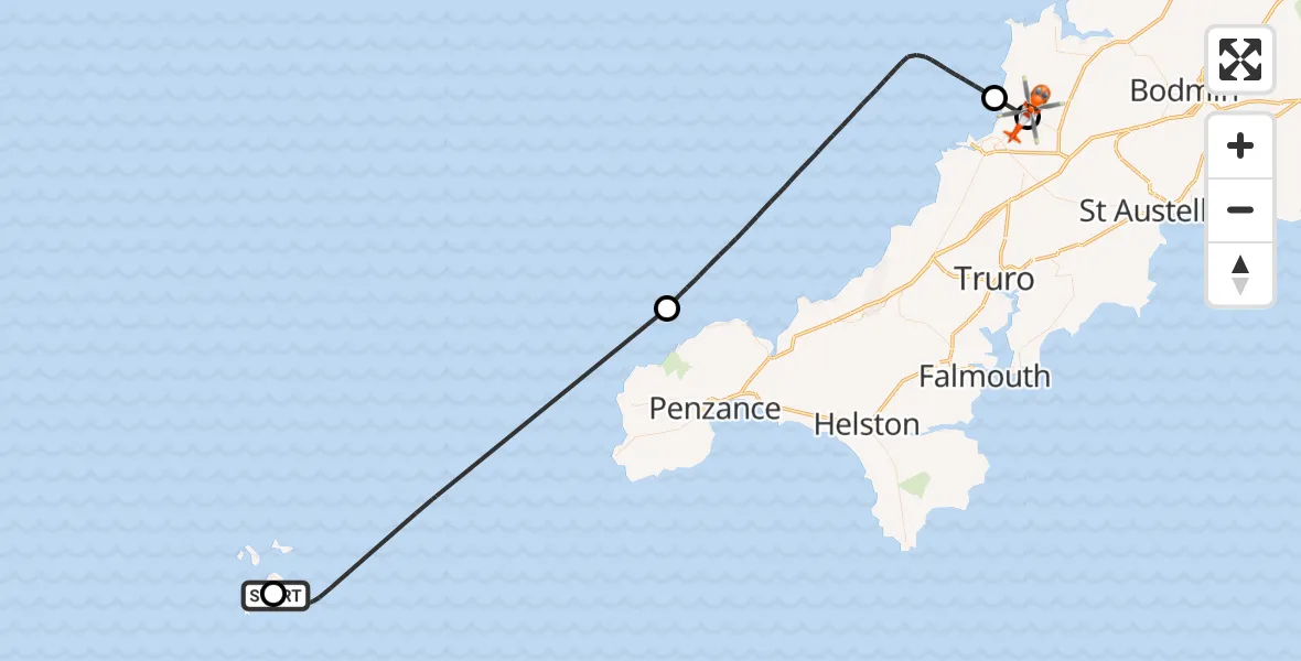 Flight route Coastguard Helicopter St. Mary's Airport - Cornwall Airport Newquay, 26 June 2026, 05:11